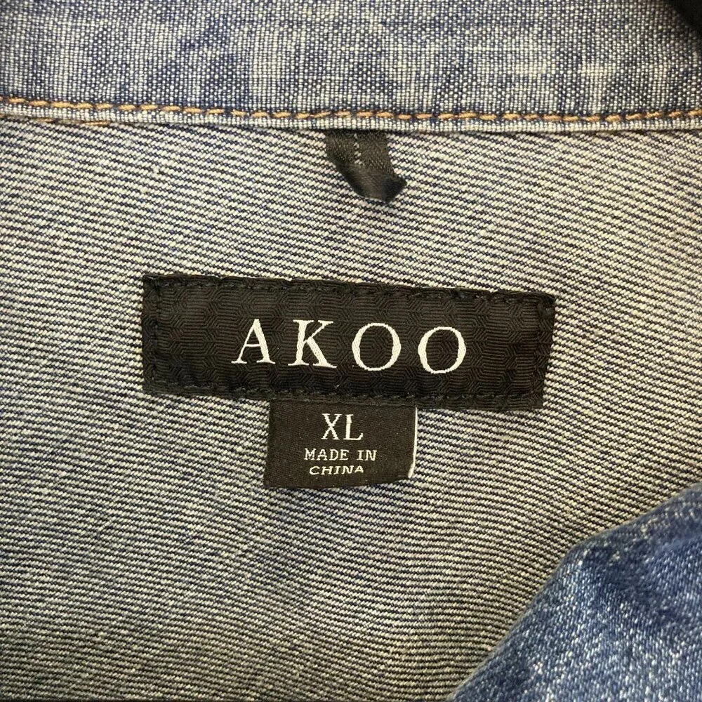 AKOO Denim Button-up Long‎ Sleeve Shirt Jacket Mens XL Distressed Jaguar Leopard